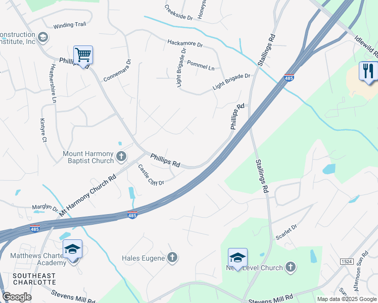 map of restaurants, bars, coffee shops, grocery stores, and more near 2903 Holcroft Court in Matthews