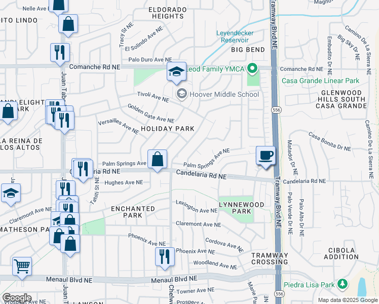 map of restaurants, bars, coffee shops, grocery stores, and more near 3301 Black Hills Road Northeast in Albuquerque