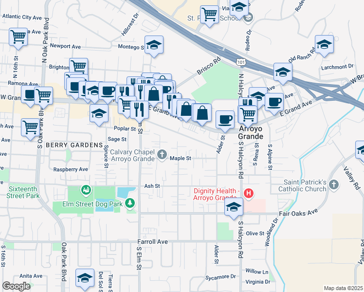 map of restaurants, bars, coffee shops, grocery stores, and more near 155 Walnut Street in Arroyo Grande