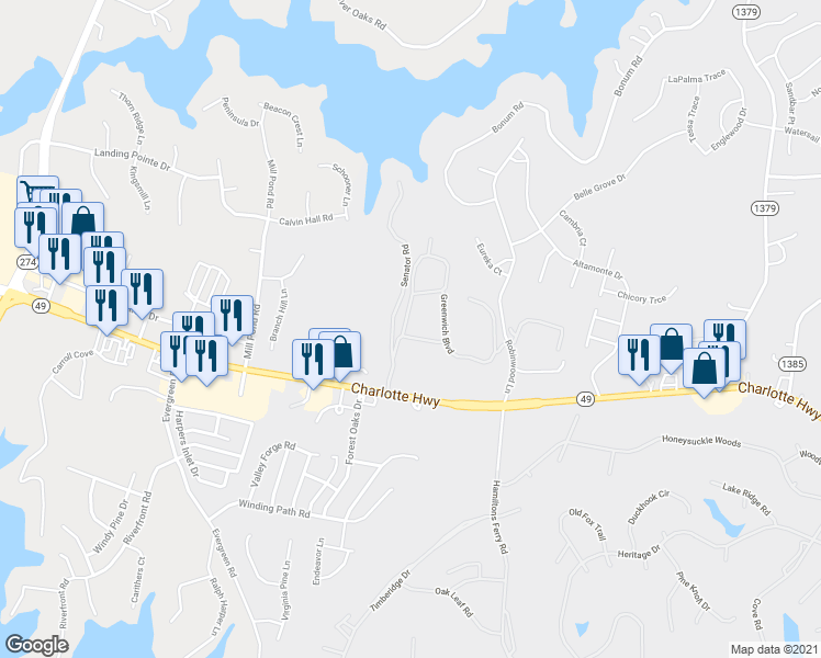 map of restaurants, bars, coffee shops, grocery stores, and more near 20 Greenwich Boulevard in Lake Wylie