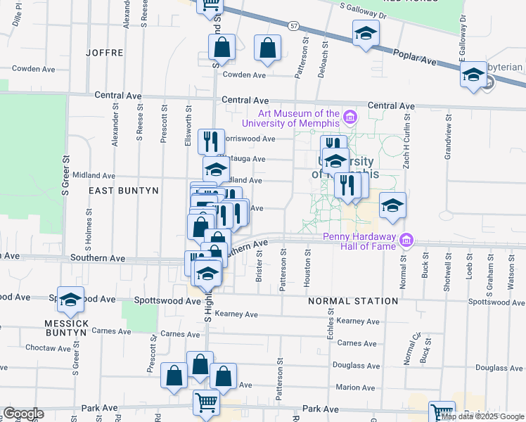 map of restaurants, bars, coffee shops, grocery stores, and more near 3582 Mynders Avenue in Memphis