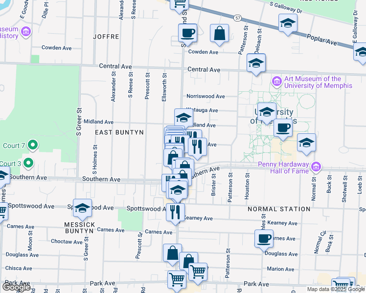 map of restaurants, bars, coffee shops, grocery stores, and more near 483 South Highland Street in Memphis