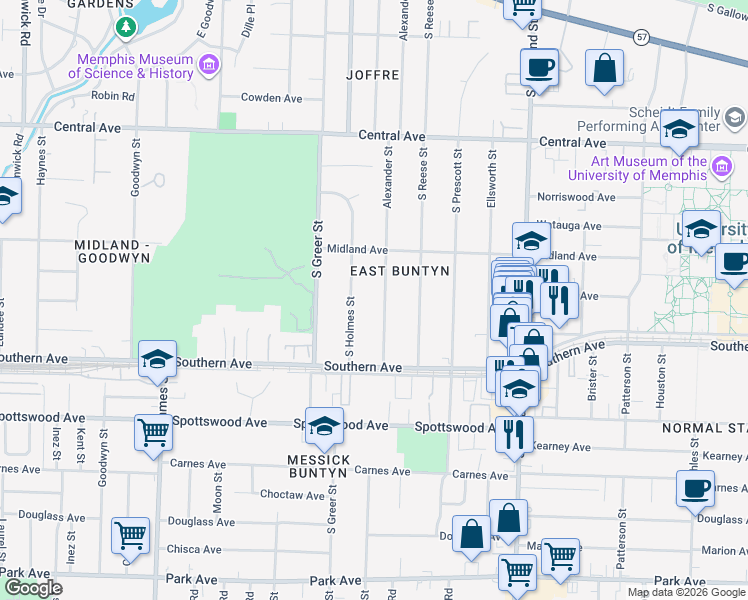 map of restaurants, bars, coffee shops, grocery stores, and more near 505 Alexander Street in Memphis