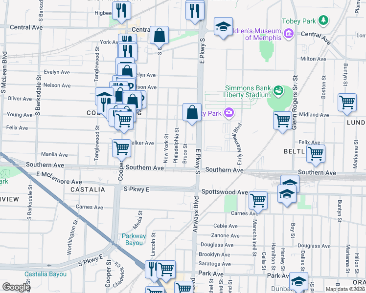 map of restaurants, bars, coffee shops, grocery stores, and more near 1011 Philadelphia Street in Memphis