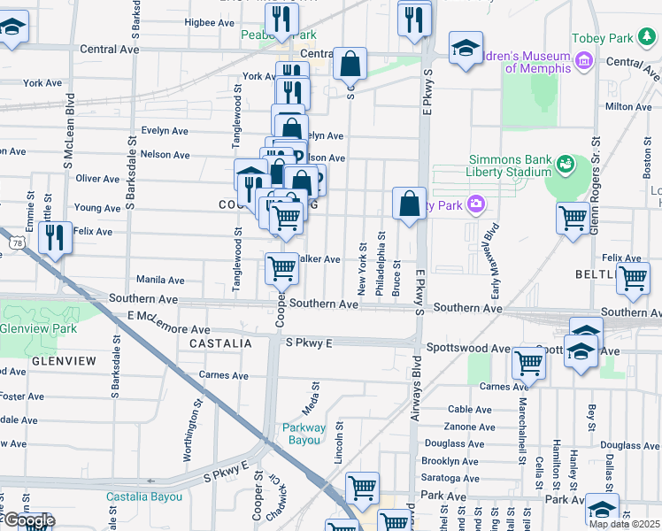 map of restaurants, bars, coffee shops, grocery stores, and more near 1013 Meda Street in Memphis