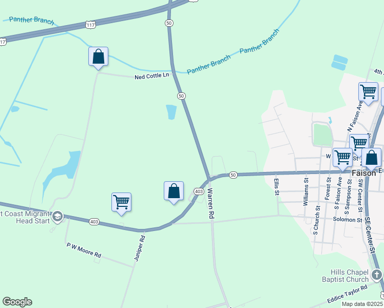 map of restaurants, bars, coffee shops, grocery stores, and more near 139 North Carolina 50 in Faison