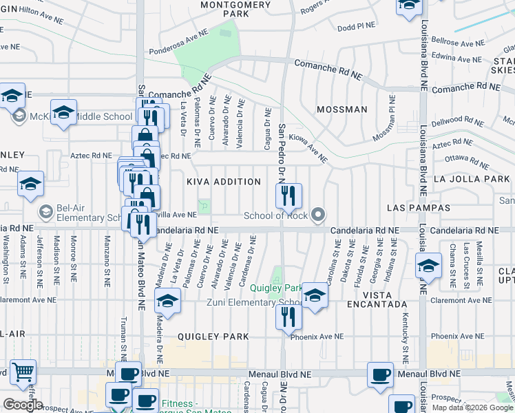 map of restaurants, bars, coffee shops, grocery stores, and more near 3117 Cardenas Drive Northeast in Albuquerque