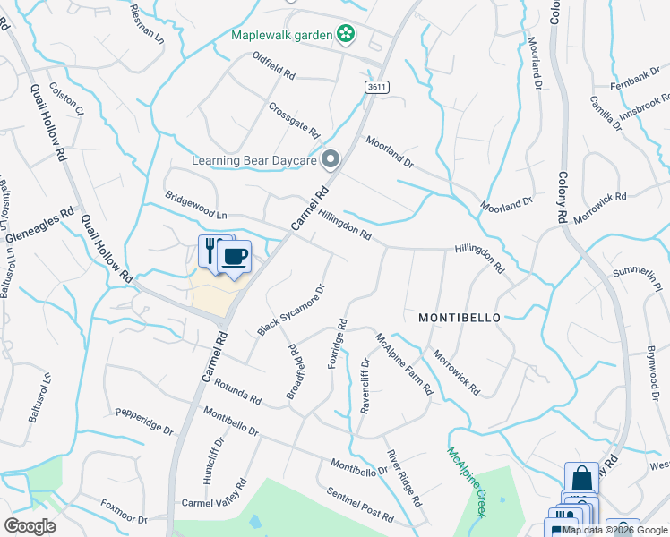 map of restaurants, bars, coffee shops, grocery stores, and more near 3901 Black Sycamore Drive in Charlotte
