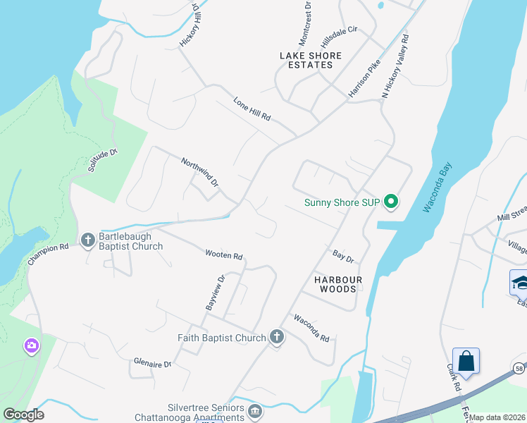 map of restaurants, bars, coffee shops, grocery stores, and more near 9107 Misty Ridge Drive in Chattanooga