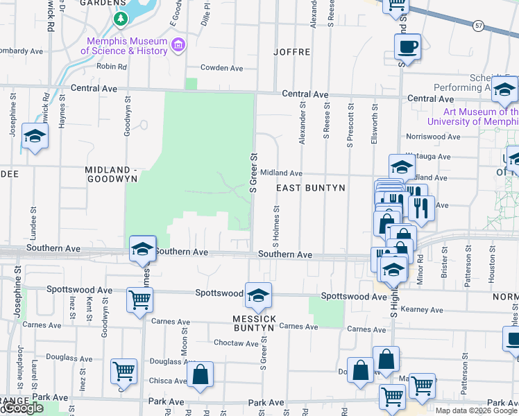 map of restaurants, bars, coffee shops, grocery stores, and more near 507 South Holmes Street in Memphis