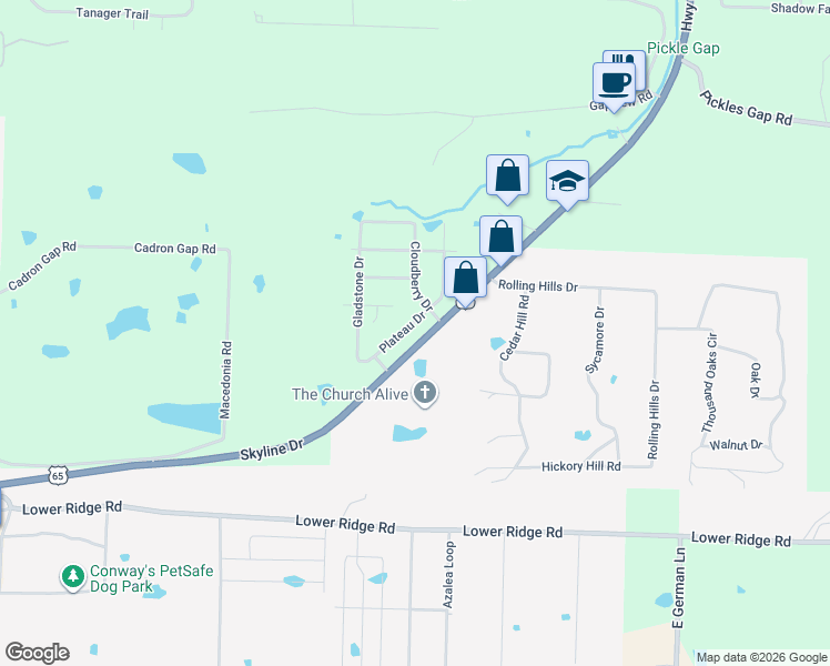 map of restaurants, bars, coffee shops, grocery stores, and more near 2840 Plateau Drive in Conway