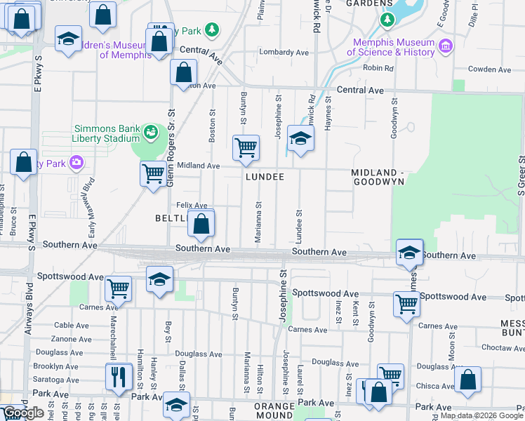 map of restaurants, bars, coffee shops, grocery stores, and more near 511 Josephine Street in Memphis