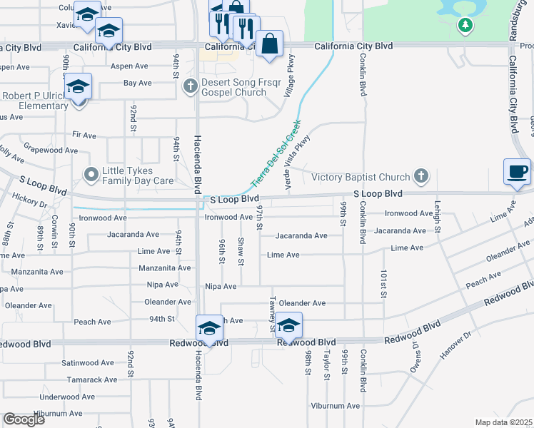 map of restaurants, bars, coffee shops, grocery stores, and more near in California City