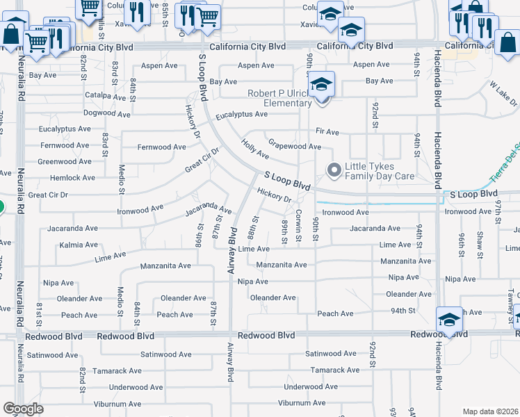 map of restaurants, bars, coffee shops, grocery stores, and more near 20411 88th Street in California City