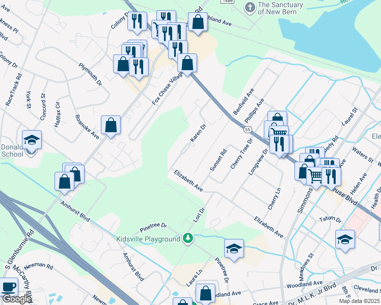 map of restaurants, bars, coffee shops, grocery stores, and more near 1010 Karen Drive in New Bern