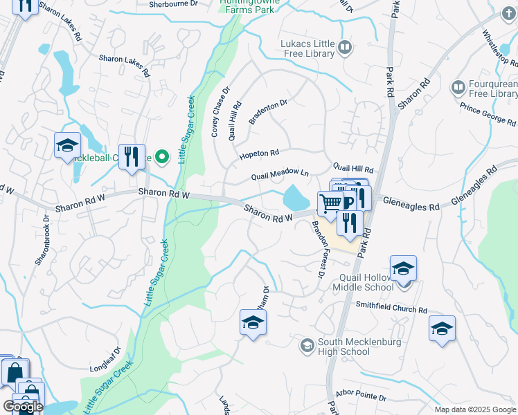 map of restaurants, bars, coffee shops, grocery stores, and more near 2424 Quail Lake Drive in Charlotte