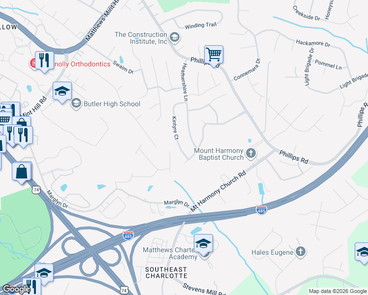 map of restaurants, bars, coffee shops, grocery stores, and more near 13324 Kintyre Court in Matthews