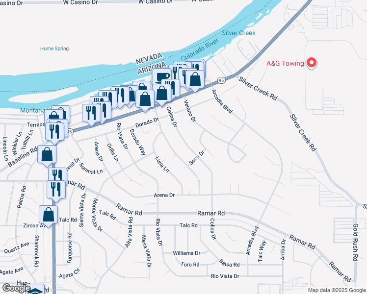 map of restaurants, bars, coffee shops, grocery stores, and more near 1444 Colina Drive in Bullhead City