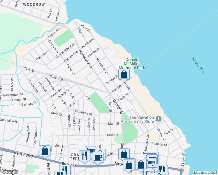 map of restaurants, bars, coffee shops, grocery stores, and more near 405 Avenue A in New Bern