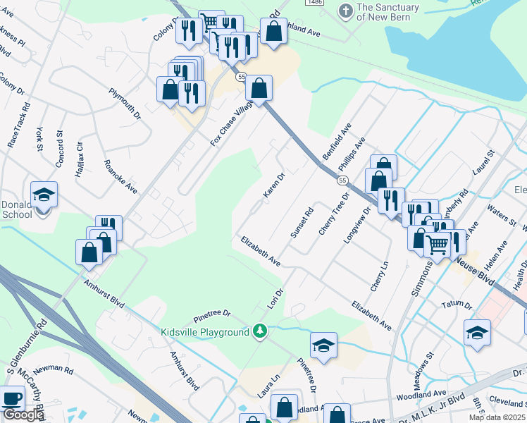map of restaurants, bars, coffee shops, grocery stores, and more near 1010 Karen Drive in New Bern
