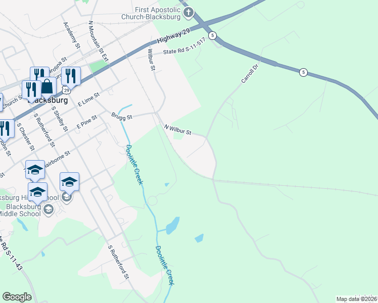 map of restaurants, bars, coffee shops, grocery stores, and more near 108 State Road S-11-516 in Blacksburg