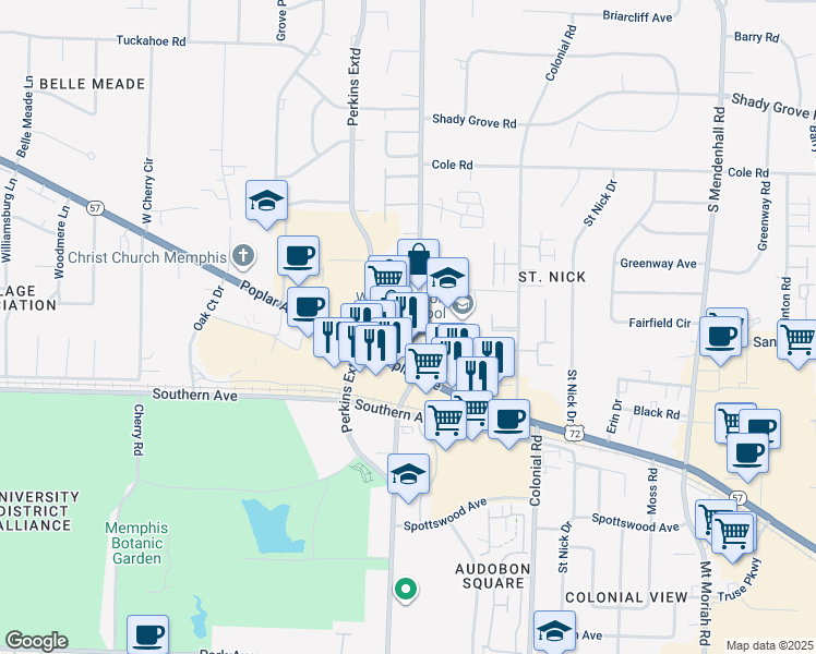 map of restaurants, bars, coffee shops, grocery stores, and more near 475 South Perkins Road in Memphis