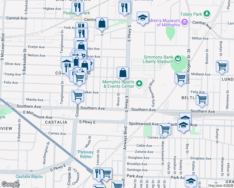 map of restaurants, bars, coffee shops, grocery stores, and more near 1011 Philadelphia Street in Memphis