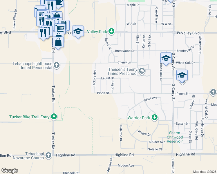 map of restaurants, bars, coffee shops, grocery stores, and more near 1162 Redwood Court in Tehachapi