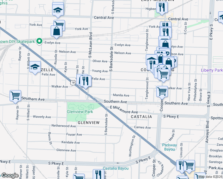 map of restaurants, bars, coffee shops, grocery stores, and more near 1917 Walker Avenue in Memphis