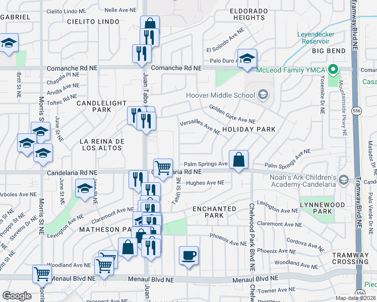 map of restaurants, bars, coffee shops, grocery stores, and more near 11504 Atlantic City Avenue Northeast in Albuquerque