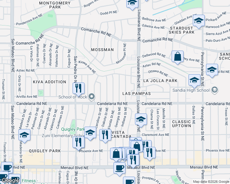 map of restaurants, bars, coffee shops, grocery stores, and more near 3106 Florida Street Northeast in Albuquerque