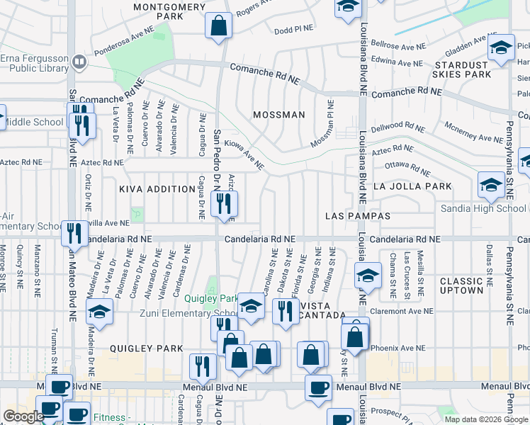 map of restaurants, bars, coffee shops, grocery stores, and more near 3119 Colorado Street Northeast in Albuquerque