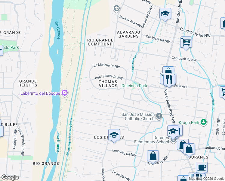 map of restaurants, bars, coffee shops, grocery stores, and more near 3105 El Toboso Drive Northwest in Albuquerque