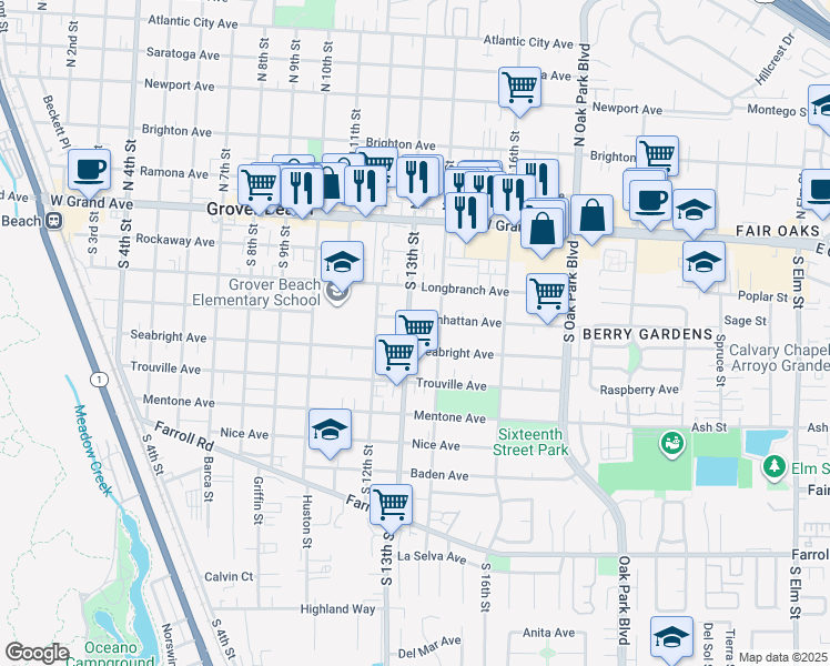map of restaurants, bars, coffee shops, grocery stores, and more near 1342 Manhattan Avenue in Grover Beach