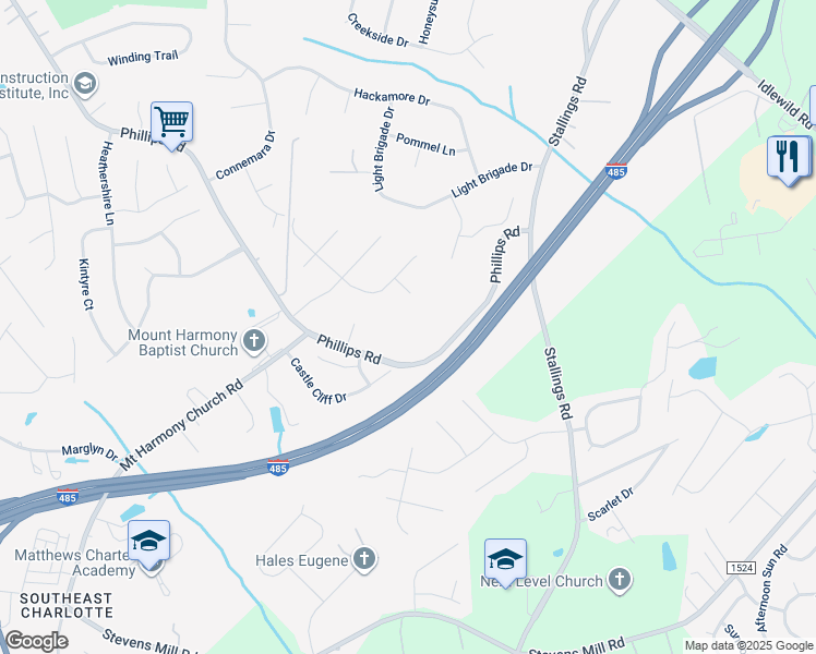 map of restaurants, bars, coffee shops, grocery stores, and more near 2903 Holcroft Court in Matthews