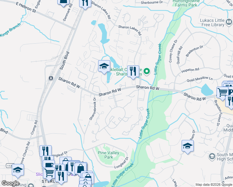map of restaurants, bars, coffee shops, grocery stores, and more near 8015 Regent Park Lane in Charlotte