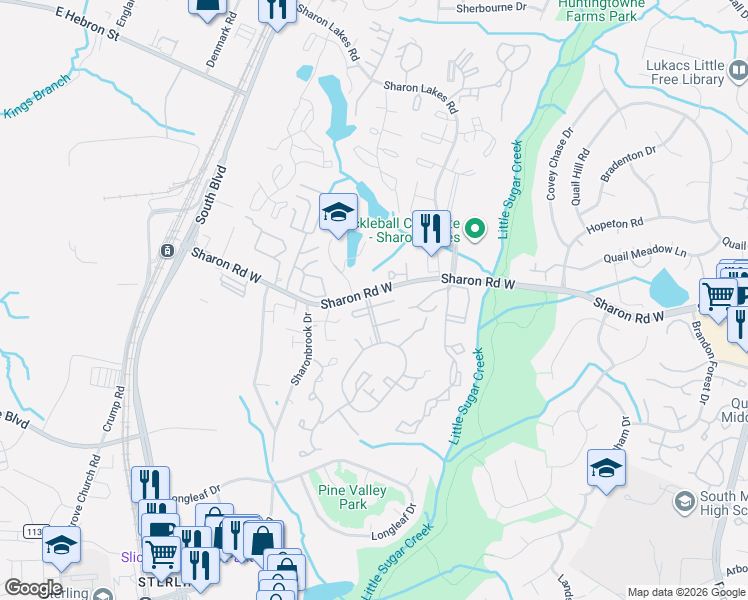 map of restaurants, bars, coffee shops, grocery stores, and more near 8015 Regent Park Lane in Charlotte