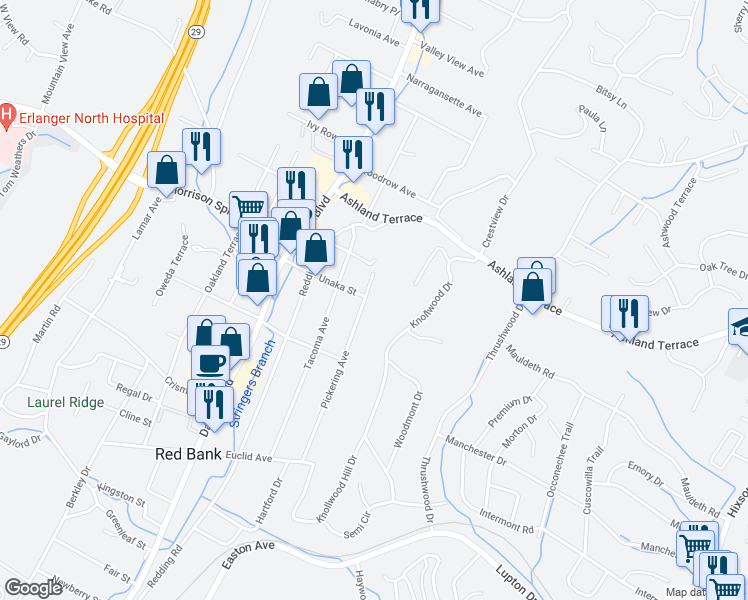 map of restaurants, bars, coffee shops, grocery stores, and more near 3945 Knollwood Terrace in Chattanooga