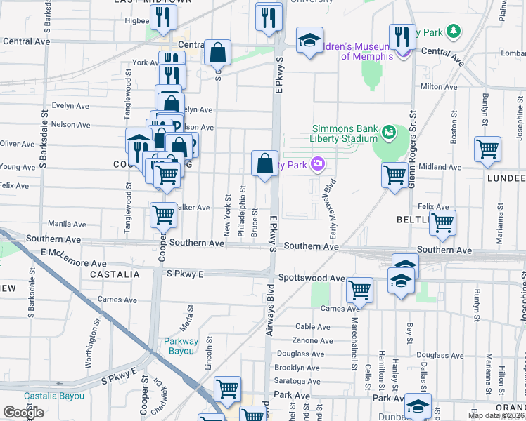 map of restaurants, bars, coffee shops, grocery stores, and more near 995 East Parkway South in Memphis