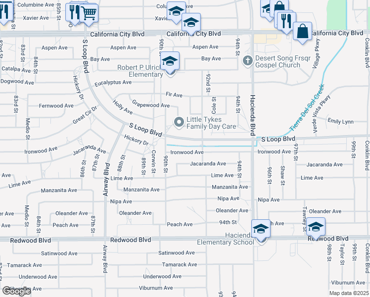 map of restaurants, bars, coffee shops, grocery stores, and more near 9113 Ironwood Avenue in California City
