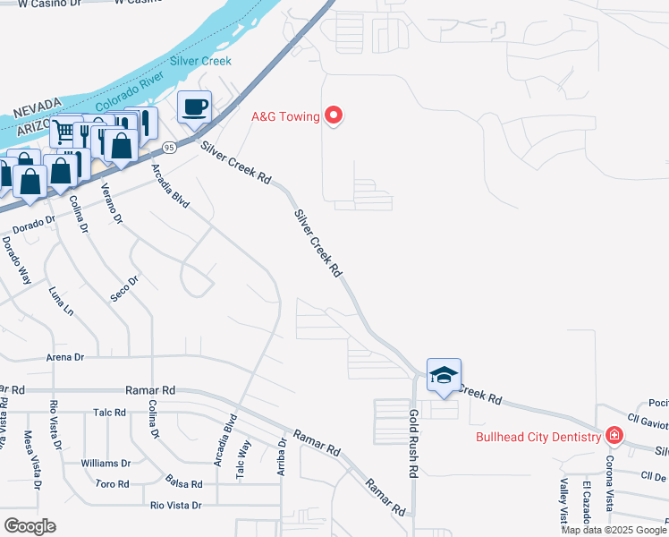 map of restaurants, bars, coffee shops, grocery stores, and more near 1378 Silver Creek Road in Bullhead City