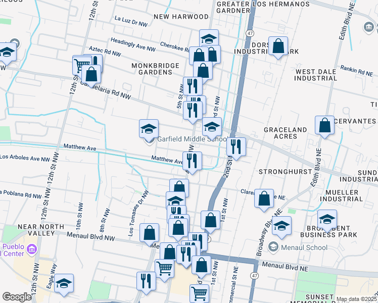 map of restaurants, bars, coffee shops, grocery stores, and more near 3501 4th Street Northwest in Albuquerque