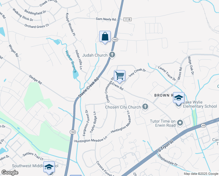 map of restaurants, bars, coffee shops, grocery stores, and more near 11350 Huntington Meadow Lane in Charlotte