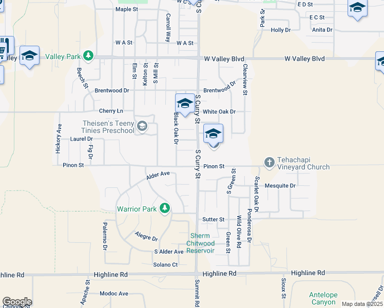 map of restaurants, bars, coffee shops, grocery stores, and more near 206 Pine Court in Tehachapi