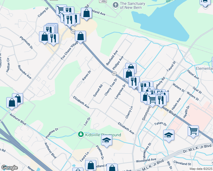 map of restaurants, bars, coffee shops, grocery stores, and more near 2603 Sunset Road in New Bern