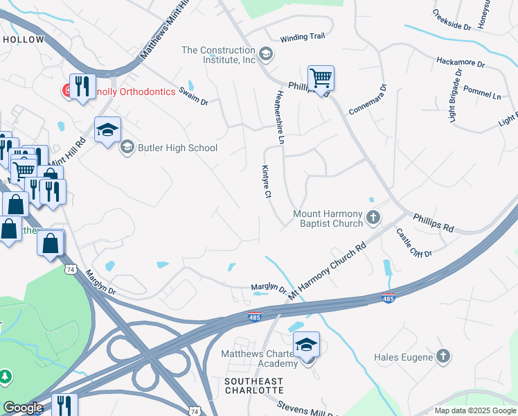 map of restaurants, bars, coffee shops, grocery stores, and more near 2103 Pineapple Court in Matthews
