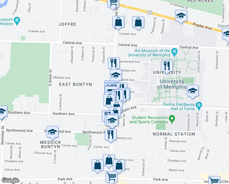map of restaurants, bars, coffee shops, grocery stores, and more near 483 South Highland Street in Memphis