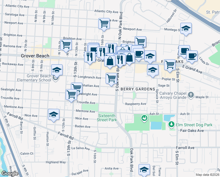 map of restaurants, bars, coffee shops, grocery stores, and more near 1700 Manhattan Avenue in Grover Beach