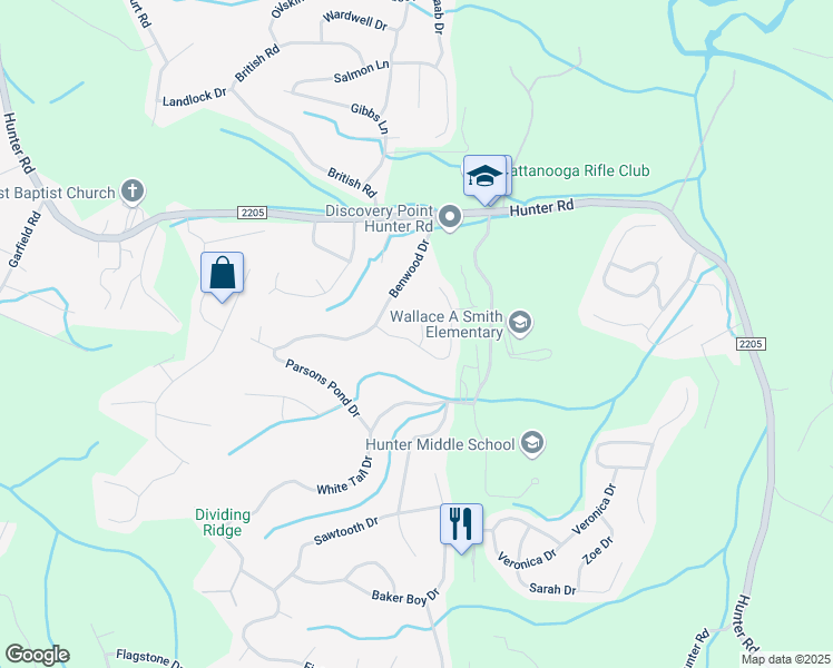 map of restaurants, bars, coffee shops, grocery stores, and more near 6107 Blue Ash Drive in Ooltewah