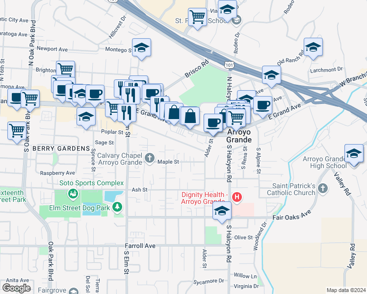 map of restaurants, bars, coffee shops, grocery stores, and more near 1049 Sunset Drive in Arroyo Grande